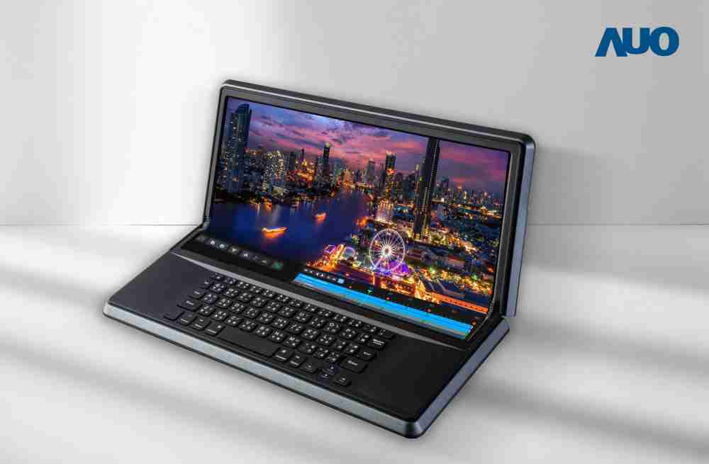 欧陆注册14.6吋Micro LED折迭显示屏幕，，，，搭配半径4mm的弯折绞炼，，，以及高画素、、、高亮度、、、高对比度的显示技术特点，，即便在大视角下仍保有绝佳色相与亮度