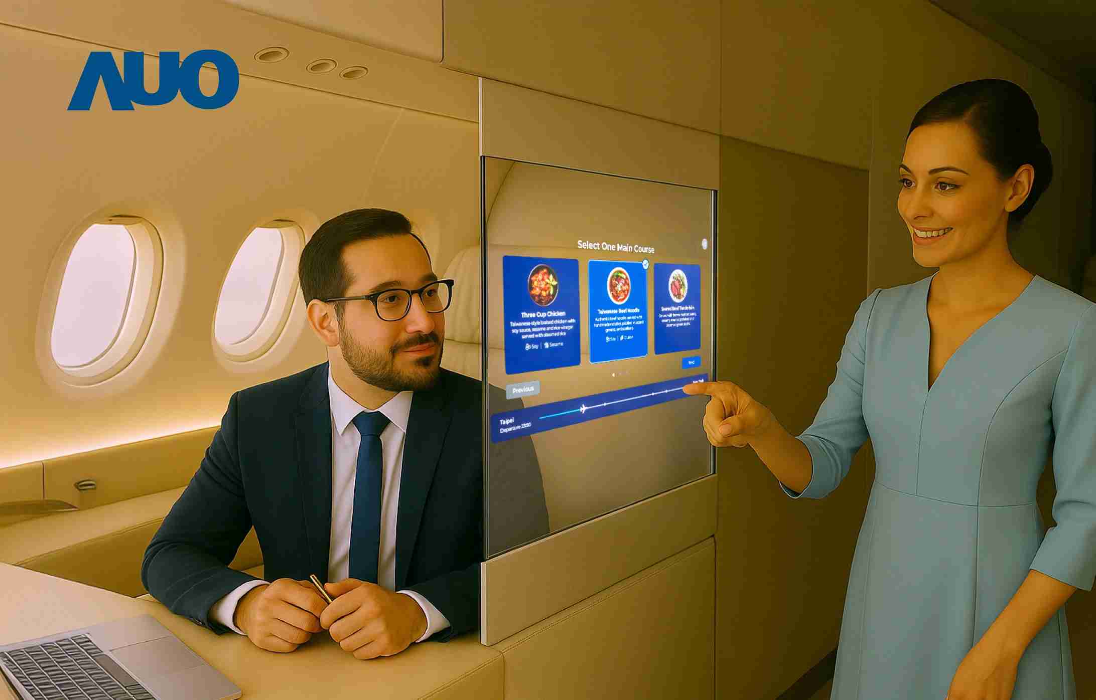 欧陆注册研发全球最薄17.3 吋双面透明 Micro LED 显示器，，，，可在同一屏幕之双边投射不同信息，，创造独特的”透明化”互动；图为实时翻译交流应用情境